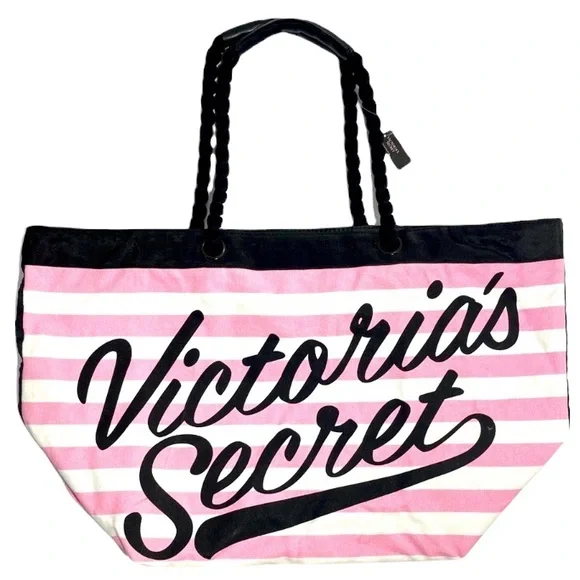 Victoria’s Secret Tote Travel Bag Overnight Weekender Stripes Pink White Black - Picture 5 of 14